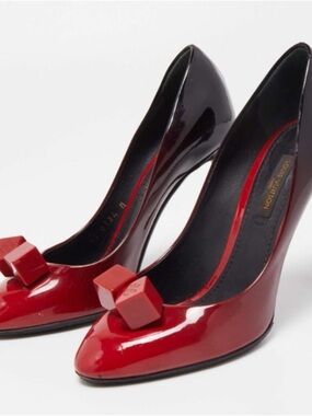 Louis Vuitton Red and Black Patent High Heel Pump with Geometric Bow